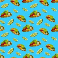 Pattern with Mexican traditional dishes. Taco, burrito, lime. Seamless pattern in cartoon style. vector