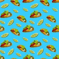 Pattern with Mexican traditional dishes. Taco, burrito, lime. Seamless pattern in cartoon style. vector