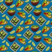 Pattern with Mexican traditional dishes. Taco, burrito, lime. Seamless pattern in cartoon style. vector