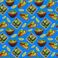 Pattern with Mexican traditional dishes. Taco, burrito, lime. Seamless pattern in cartoon style. vector