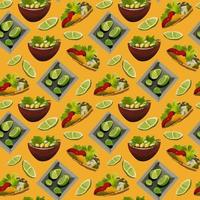 Pattern with Mexican traditional dishes. Taco, burrito, lime. Seamless pattern in cartoon style. vector