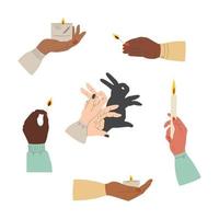Female hands various nationalities. Hands with candles and matches. Shadow puppet rabbit vector