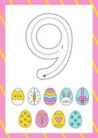 Easter flashcard how to write number nine. Worksheet for kids. vector