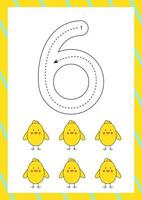 Easter flashcard how to write number six. Worksheet for kids. vector