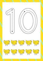 Easter flashcard how to write number ten. Worksheet for kids. vector
