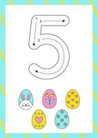 Easter flashcard how to write number five. Worksheet for kids. vector