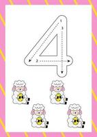 Easter flashcard how to write number four. Worksheet for kids. vector