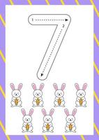 Easter flashcard how to write number seven. Worksheet for kids. vector