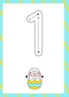 Easter flashcard how to write number one. Worksheet for kids. vector