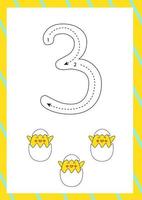 Easter flashcard how to write number three. Worksheet for kids. vector