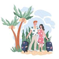 Couple holidays and joint vacation banner with couple of young people traveling together. Family journey and tourism. Flat vector illustration isolated.