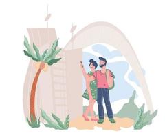 Tourists traveling couple making photo of modern town, flat vector illustration. Happy travelers cartoon characters sightseeing town architecture and local attractions.