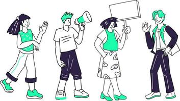 Announcement and promotion concept people cartoon characters holding banner and shouting into loudspeaker. Communication and social networking. Cartoon vector illustration isolated.