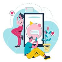 Virtual relationships and internet dating chat - man and woman using mobile phone for chatting and messaging. Cartoon vector illustration in trendy style isolated.