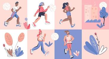 maratón o corredores de velocidad personas personajes de dibujos animados. estilo de vida saludable y entrenamiento cardiovascular. competición deportiva o pancarta o afiche de evento con gente corriendo, ilustración vectorial de dibujos animados. vector