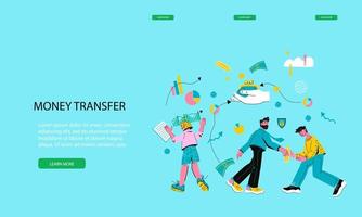 Web page template for money transfer and online transaction tracking site with business people characters. Secure internet payment service and ecommerce. Cartoon vector illustration.