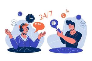 Online customer support concept with friendly call center operator and client making phone call. Customer service and technical support. Flat cartoon vector illustration isolated.