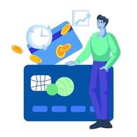 Banking and credit card payment concept of man standing near bank card. Accounting and money management. Flat vector illustration isolated on white background.