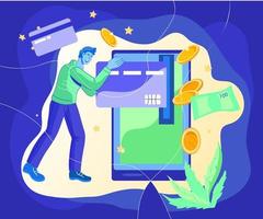 Online payment and money transfer, currency exchange technology concept with man making operations with money using mobile device and internet application, flat vector illustration.