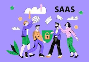 Saas Software as service or on-demand concept with people characters. Cloud computing technology. Website banner layout template for webpage vector illustration.