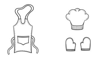 hand drawn apron, chef hat and cooking gloves vector