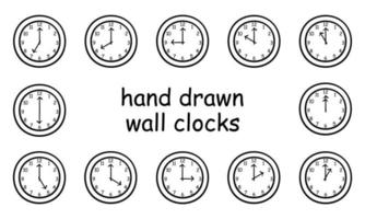 una colección de relojes de pared dibujados a mano vector