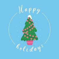 Christmas tree with glowing pink garland under snowfall isolated on blue background. Tree in a pot with lettering. Happy holidays. Vector flat illustration in a simple style