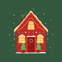 Christmas house decorated with a garland, a wreath and balls with Christmas trees under a snowfall on a green background. New year, xmas celebration. Vector flat illustration for greeting card, poster