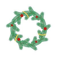 Christmas wreath of Christmas tree branches decorated with balls and ribbon isolated on a white background. Vector flat illustration for New Year, Xmas celebration. Round frame