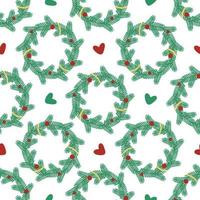 Christmas seamless pattern with wreaths and hearts on white background. Vector flat illustration in a simple style. Pattern for New Year, Xmas