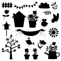 Collection of silhouette of spring elements. Flowers, bee, butterfly, bird vector