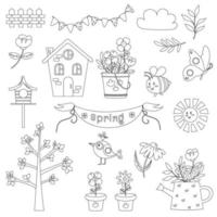 Collection of outline of spring elements. Flowers, bee, butterfly, bird vector