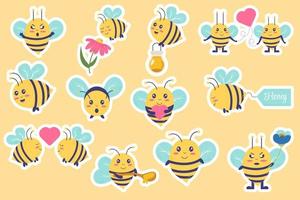 colección de pegatinas de abejas personaje kawaii. abeja con miel, flores, abeja enojada vector