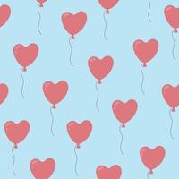 Seamless pattern with pink heart shaped balloons on blue background. Hand drawn doodle style vector
