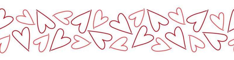 Seamless border with line art pink and red hearts. Hand drawn doodle style vector