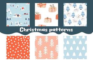 Set of 6 Christmas patterns. Vector backgrounds with spruce, gift boxes, confetti, winter landscape  and dots. Ideal for design of fabric, cards, wrapping paper for Happy New year
