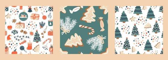 Set of 3 Christmas patterns. Vector backgrounds with spruce, gift boxes and dots. Ideal for design of fabric, cards, wrapping paper for Happy New year