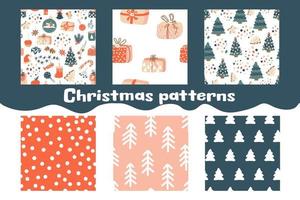 Set of 6 Christmas patterns. Vector backgrounds with spruce, gift boxes and dots. Ideal for design of fabric, cards, wrapping paper for Happy New year