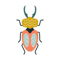 Cartoon stag beetle with horns with decor on the back in art deco style. Vector illustration of a bug for logo, print on clothes, branding