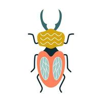 Cartoon stag beetle with horns with decor on the back in art deco style. Vector illustration of a bug for logo, print on clothes, branding