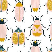 Multicolored bugs on a white background in art deco style. Seamless vector pattern with ants