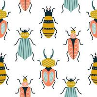 Multicolored bugs on a white background in art deco style. Seamless vector pattern with ants
