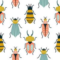 Multicolored bugs on a white background in art deco style. Seamless vector pattern with ants