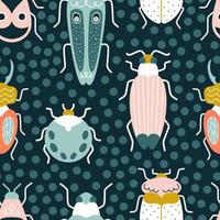 Multicolored bugs on a blue background in art deco style. Seamless vector pattern with ants