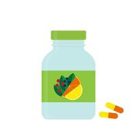 Bottle with vitamins. Pill in a bottle. Pharmacy design. Flat vintage style illustration. Vector illustration isolated on white background