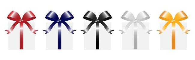 conjunto vectorial de cajas de regalo blancas con cintas de diferentes colores. caja de regalo realista en la vista frontal, aislada en fondo blanco vector
