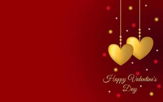 Happy Valentine's Day. Hanging gold voluminous hearts with confetti on colorful blurry background. Design for postcard, invitation, banner with space for text. Vector illustration