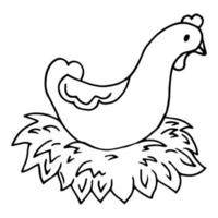 Laying hen in nest sketch vector. Farm chicken and eggs drawn in vintage engraving style vector