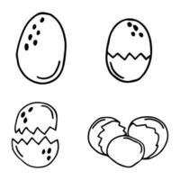 Fresh and boiled eggs, outline icons. Simple engraving broken chicken and quail eggs with cracked eggshell, in cardboard box and in bowl, drawn boiled eggs half and slices vector illustration.