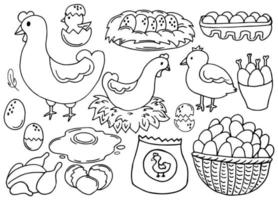 huevos frescos de granja de pollos. conjunto vectorial de elementos de diseño de croquis. gallina, aves de corral y pollo pequeño, aislado sobre fondo blanco. ilustración de grabado vintage dibujada a mano vectorial para póster. vector